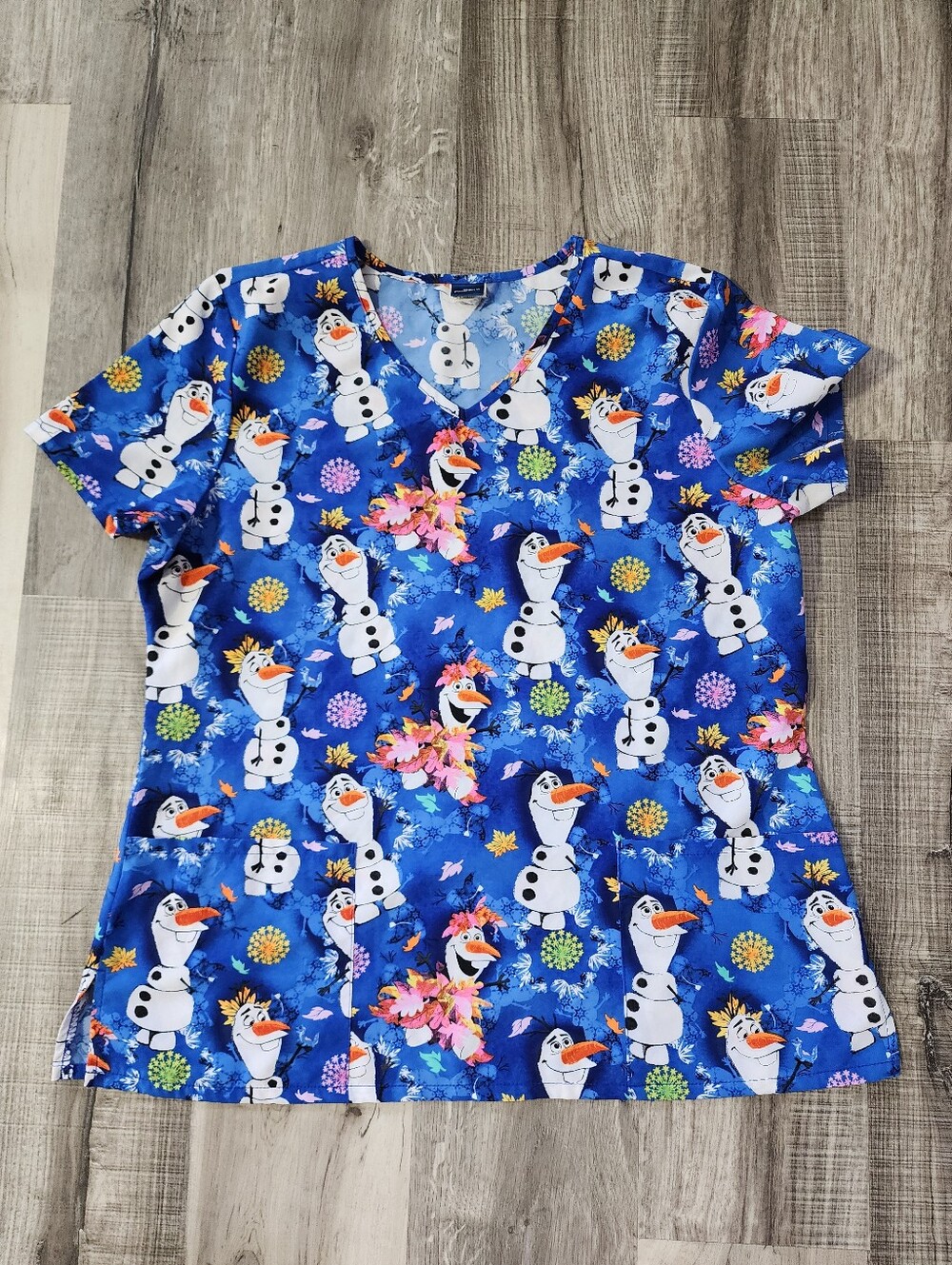 Disney Blue Olaf Print Short Sleeve Scrub Fall Shirt